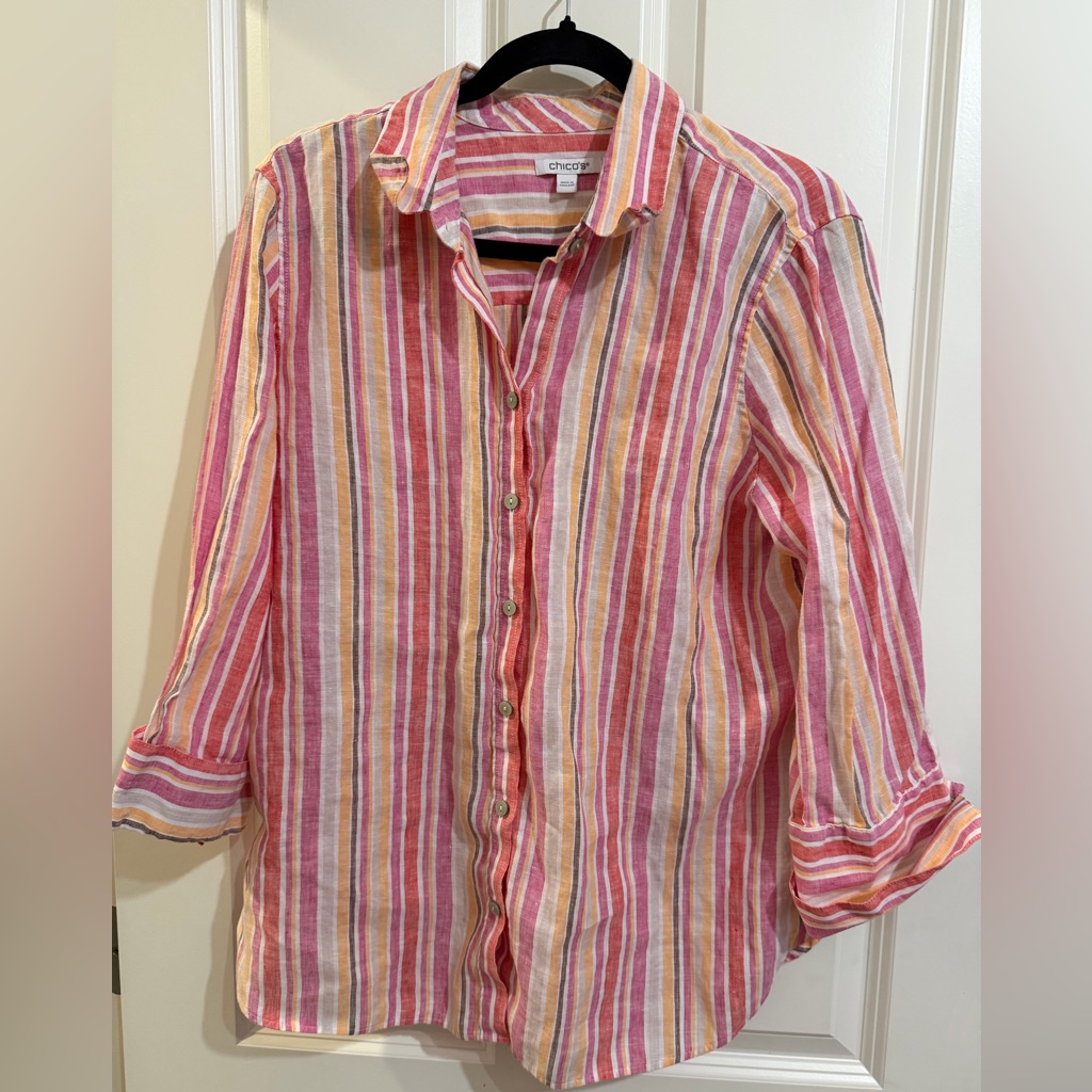Chico’s Linen Striped Button Collared Blouse Size 12